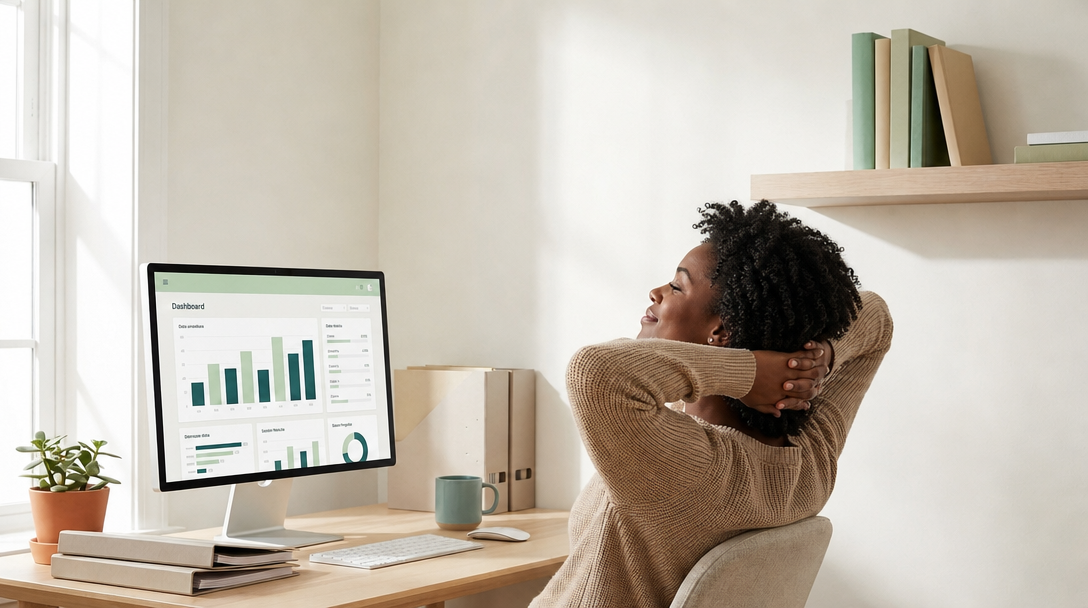 Pessoa recostada na cadeira diante de um monitor com dashboard limpo em uma mesa organizada