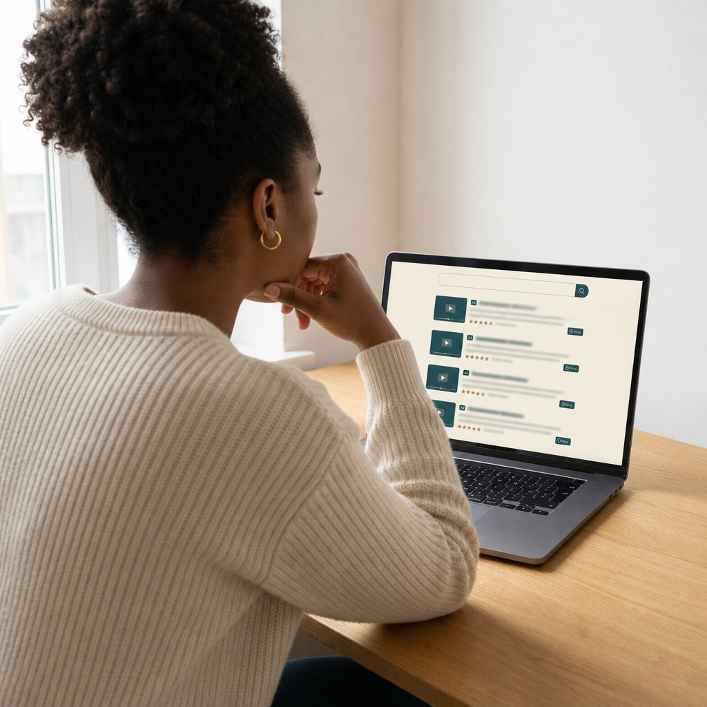 Pessoa diante do notebook comparando uma lista de cursos online parecidos entre si