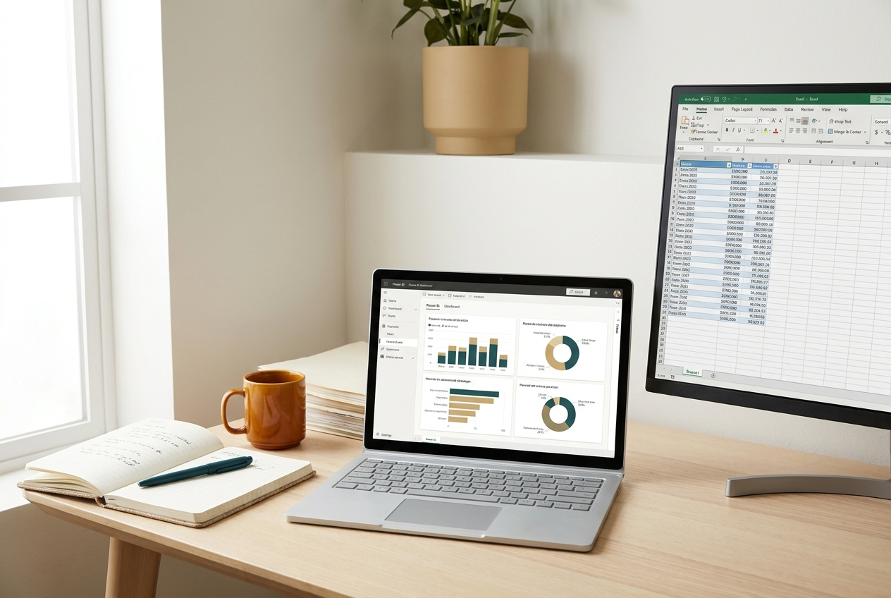 Notebook com dashboard de Power BI ao lado de um monitor com planilha de Excel sobre mesa de madeira clara