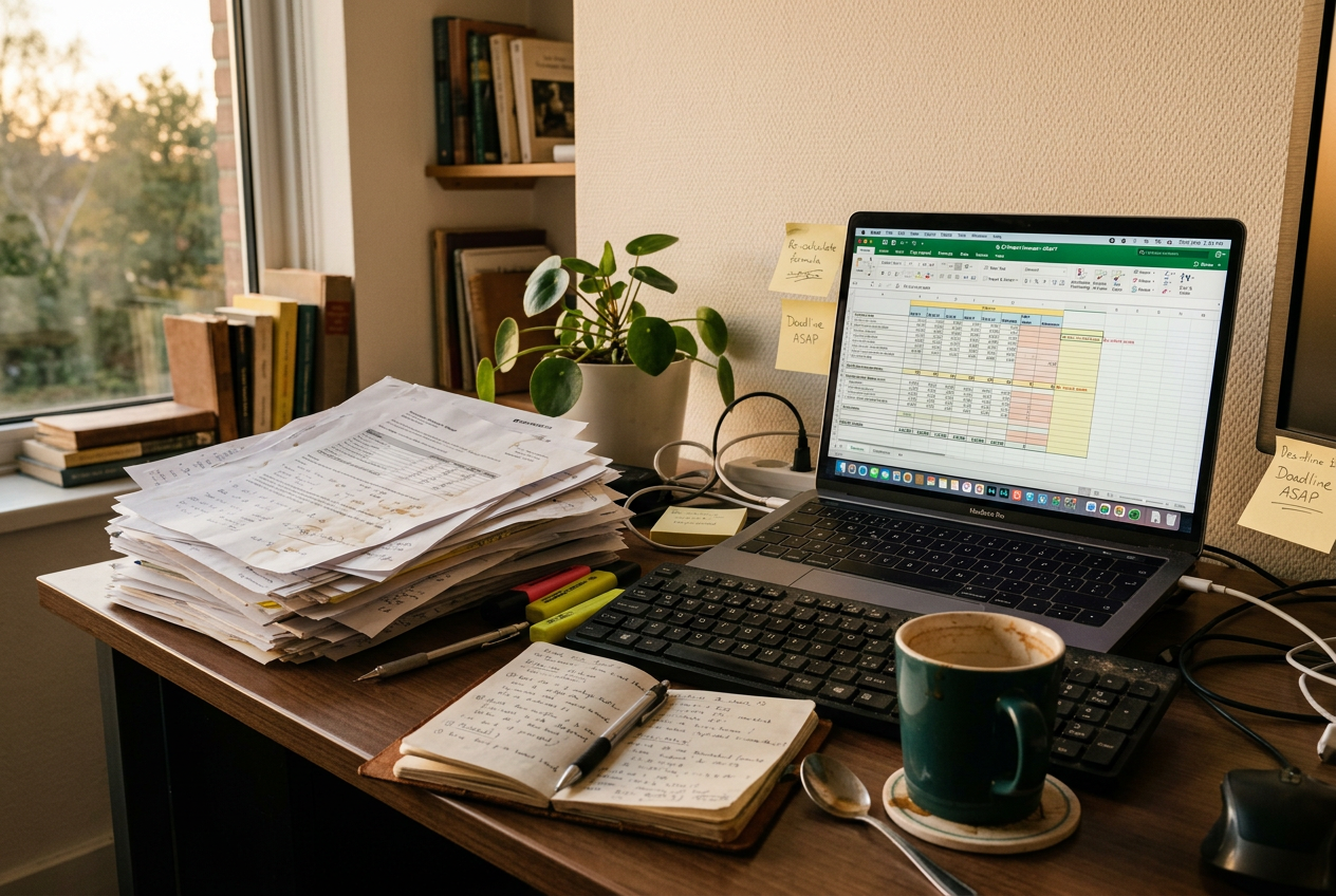 Mesa com pilha de papéis impressos ao lado do teclado e planilha pela metade na tela